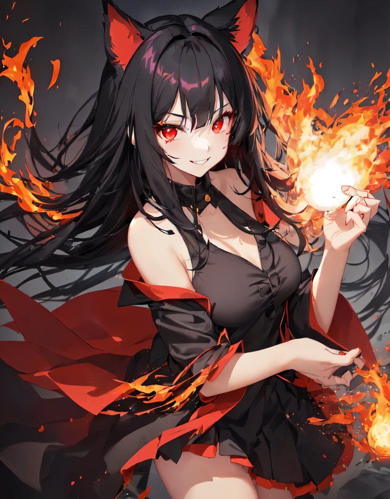 1girl, black hair, neko ears, red eyes, fire witch, fire from bare hands, loose clothes, bare shoulders, blood, light particles, light rays, wallpaper, high contrast, colorful, black cat tail, sexy witch pose, scenery, anime, smiling, tingling his vest