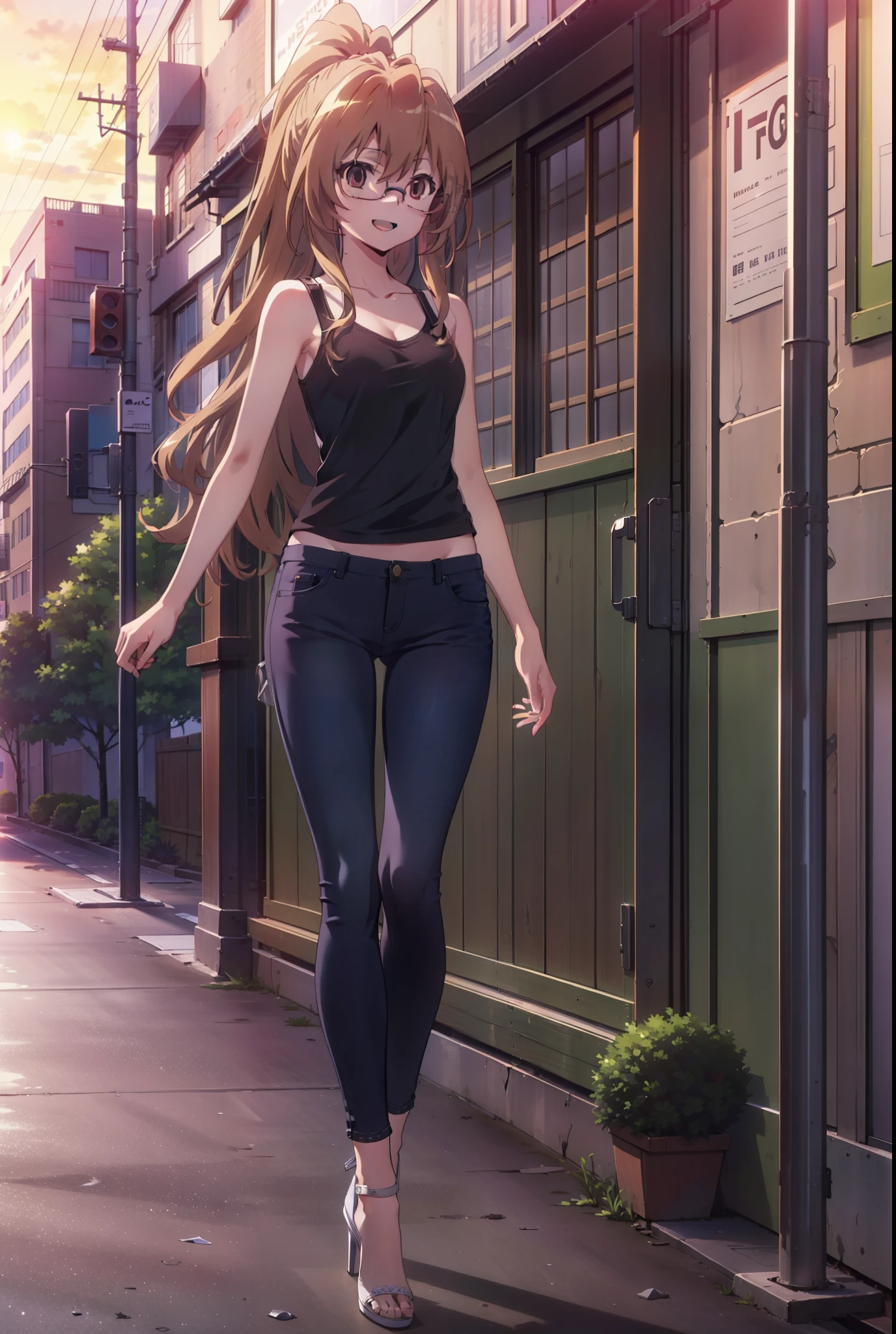 taiga aisaka, taiga aisaka, Long Hair, Brown Hair, Brown eyes,happy smile, smile, Open your mouth,ponytail,Black-rimmed glasses,Brown Tank Top,Skinny jeans,Stiletto heels,The rising sun,morning,morning陽,walking,whole bodyがイラストに入るように,
break outdoors, construction area,
break looking at viewer, whole body,
break (masterpiece:1.2), Highest quality, High resolution, unity 8k wallpaper, (shape:0.8), (Beautiful attention to detail:1.6), Highly detailed face, Perfect lighting, Extremely detailed CG, (Perfect hands, Perfect Anatomy),