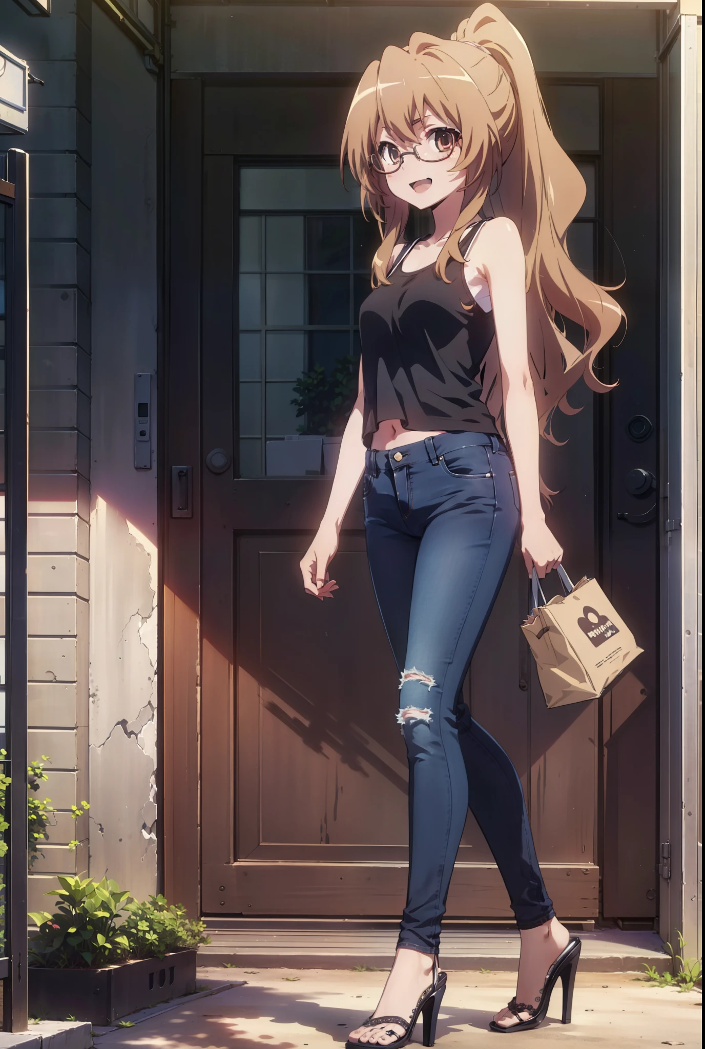 taiga aisaka, taiga aisaka, Long Hair, Brown Hair, Brown eyes,happy smile, smile, Open your mouth,ponytail,Black-rimmed glasses,Brown Tank Top,Skinny jeans,Stiletto heels,The rising sun,morning,morning陽,walking,whole bodyがイラストに入るように,
break outdoors, construction area,
break looking at viewer, whole body,
break (masterpiece:1.2), Highest quality, High resolution, unity 8k wallpaper, (shape:0.8), (Beautiful attention to detail:1.6), Highly detailed face, Perfect lighting, Extremely detailed CG, (Perfect hands, Perfect Anatomy),