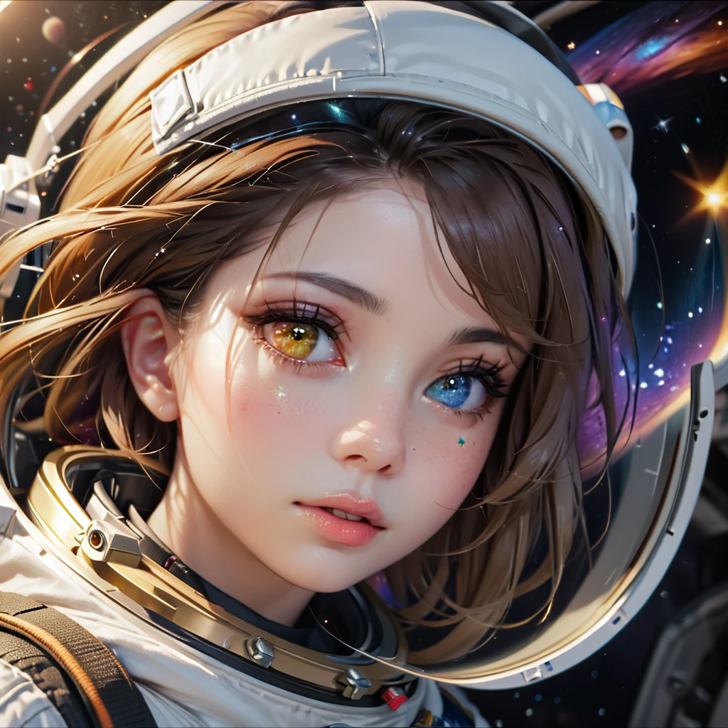 perfect eyes, Zoe, toddler girl, Heterochromia, astronaut, beautiful detailed eyes, beautiful detailed lips, extremely detailed eyes and face, long eyelashes, 1girl, astronaut, heterochromia, space, beautiful stars, beautiful galaxies, (best quality,4k,8k,highres,masterpiece:1.2),ultra-detailed,(realistic,photorealistic,photo-realistic:1.37),digital art, science fiction, surreal, cinematic lighting, vibrant colors, dramatic lighting, medium shot, full body, waist up, centered, detailed background, stars and galaxies in the distance
