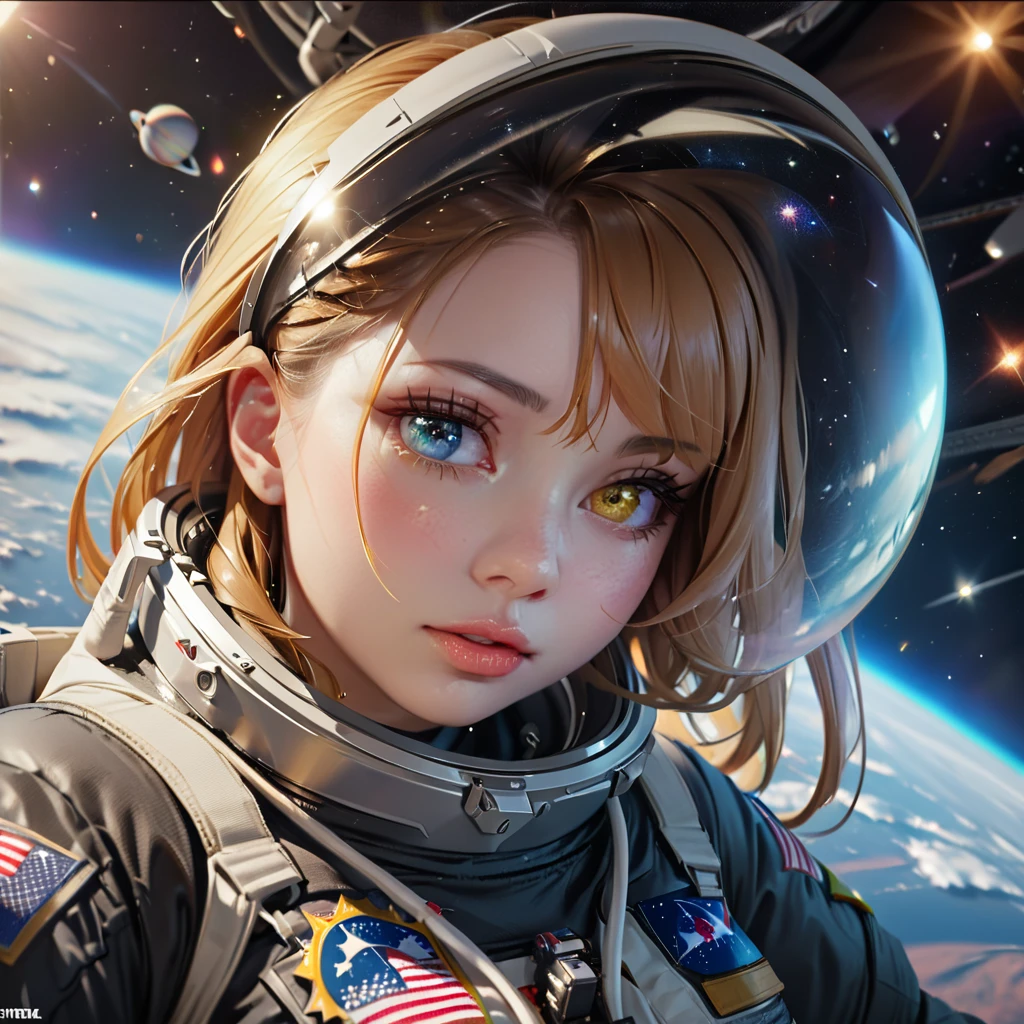 perfect eyes, Zoe,  girl, Heterochromia, astronaut, beautiful detailed eyes, beautiful detailed lips, extremely detailed eyes and face, long eyelashes, 1girl, astronaut, heterochromia, space, beautiful stars, beautiful galaxies, (best quality,4k,8k,highres,masterpiece:1.2),ultra-detailed,(realistic,photorealistic,photo-realistic:1.37),digital art, science fiction, surreal, cinematic lighting, vibrant colors, dramatic lighting, medium shot, full body, waist up, centered, detailed background, stars and galaxies in the distance
