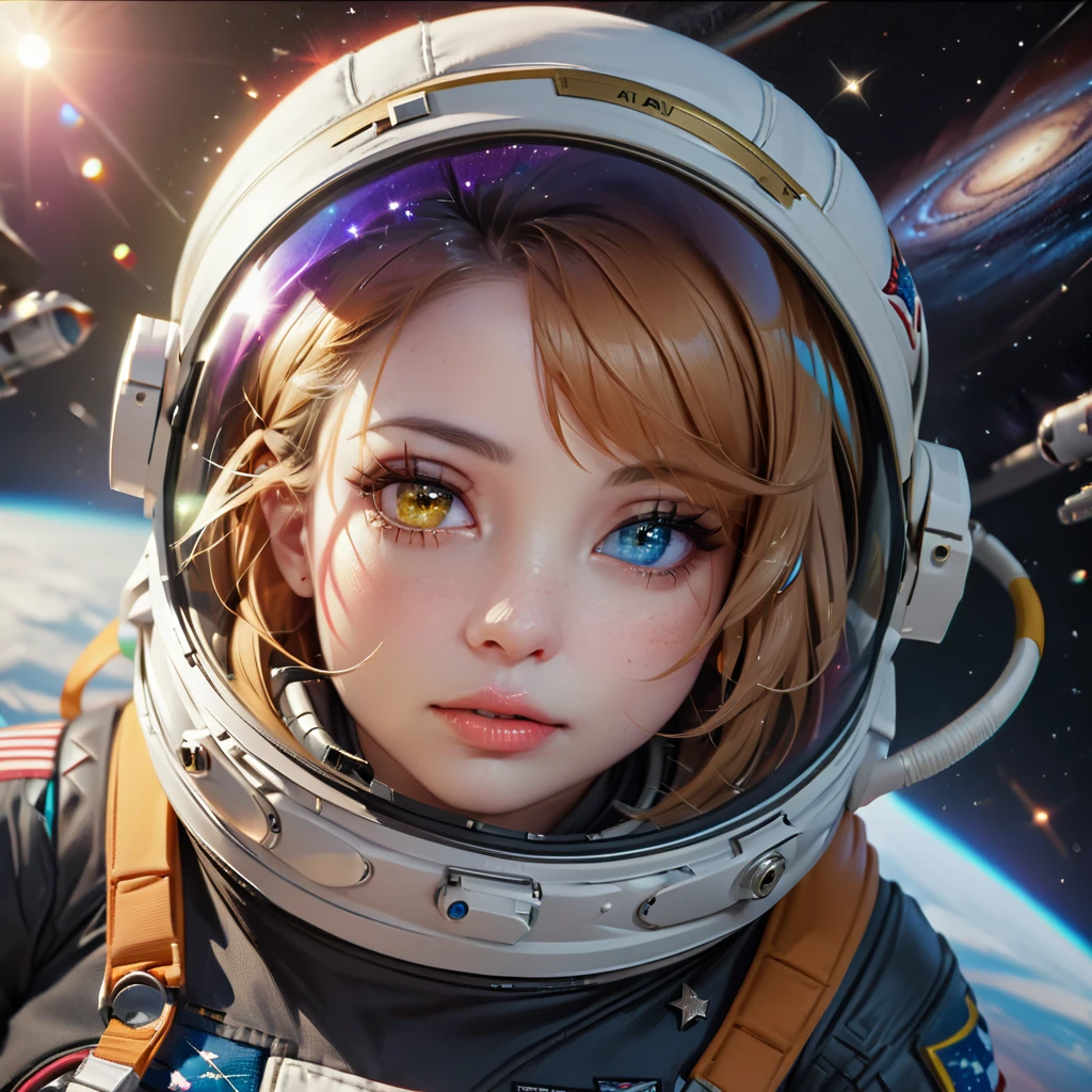 perfect eyes, Zoe,  girl, Heterochromia, astronaut, beautiful detailed eyes, beautiful detailed lips, extremely detailed eyes and face, long eyelashes, 1girl, astronaut, heterochromia, space, beautiful stars, beautiful galaxies, (best quality,4k,8k,highres,masterpiece:1.2),ultra-detailed,(realistic,photorealistic,photo-realistic:1.37),digital art, science fiction, surreal, cinematic lighting, vibrant colors, dramatic lighting, medium shot, full body, waist up, centered, detailed background, stars and galaxies in the distance
