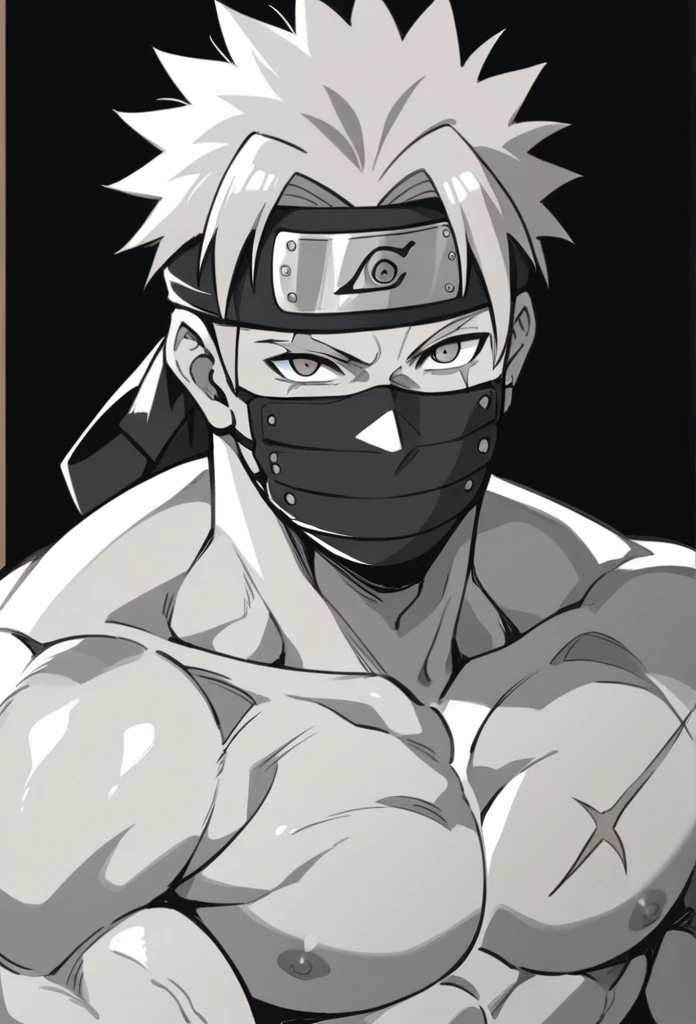 make a picture of a 1boy, kakashi, kakashi(naruto_series), grey hair, covered mouth, mouth mask, black eye, scar across eye, forehead protector, muscular, no shirt, hot male, sleeping eyes, looking at viewer, black background