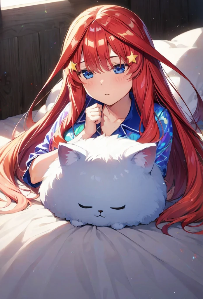 itsuki Nakano, Official art、Beautifully Aesthetic:1.2)、patterns、Hair spreads throughout、4k, excellent quality, Ultra Detail, Soft Light, Deep Focus Bokeh, Ray Tracing, --niji 5. Nakano itsuki from the quintessential quintuplets, itsuki Nakano, long fluffy red hair, blue eyes, nakano_itsuki, iridescent, , , splendid, iridescent, dynamic pose, moving, excellent character design, full body pose, full body, full body shot, perfect face, neat, clean, perfect definition  aaitsuki,long hair,bangs,hair between eyes,h pyjamas, itsuki laying among sheets and pillows, itsuki sleeping, layuing down, sleep, sleeping, cozy