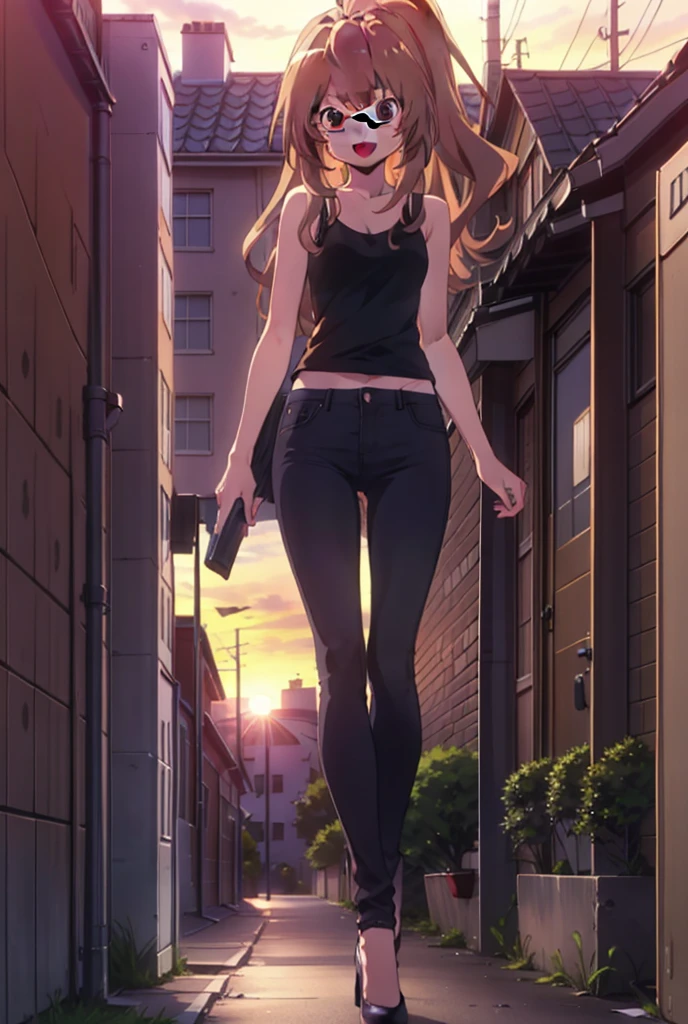taiga aisaka, taiga aisaka, Long Hair, Brown Hair, Brown eyes,happy smile, smile, Open your mouth,ponytail,Black-rimmed glasses,Brown Tank Top,Skinny jeans,Stiletto heels,The rising sun,morning,morning陽,walking,whole bodyがイラストに入るように,
break outdoors, construction area,
break looking at viewer, whole body,
break (masterpiece:1.2), Highest quality, High resolution, unity 8k wallpaper, (shape:0.8), (Beautiful attention to detail:1.6), Highly detailed face, Perfect lighting, Extremely detailed CG, (Perfect hands, Perfect Anatomy),