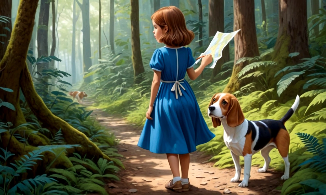 Draw a young girl with brown hair and a blue dress. She is following a trail in the dense forest with a curious look on her mother a map. Next to her is a brown and white beagle.
