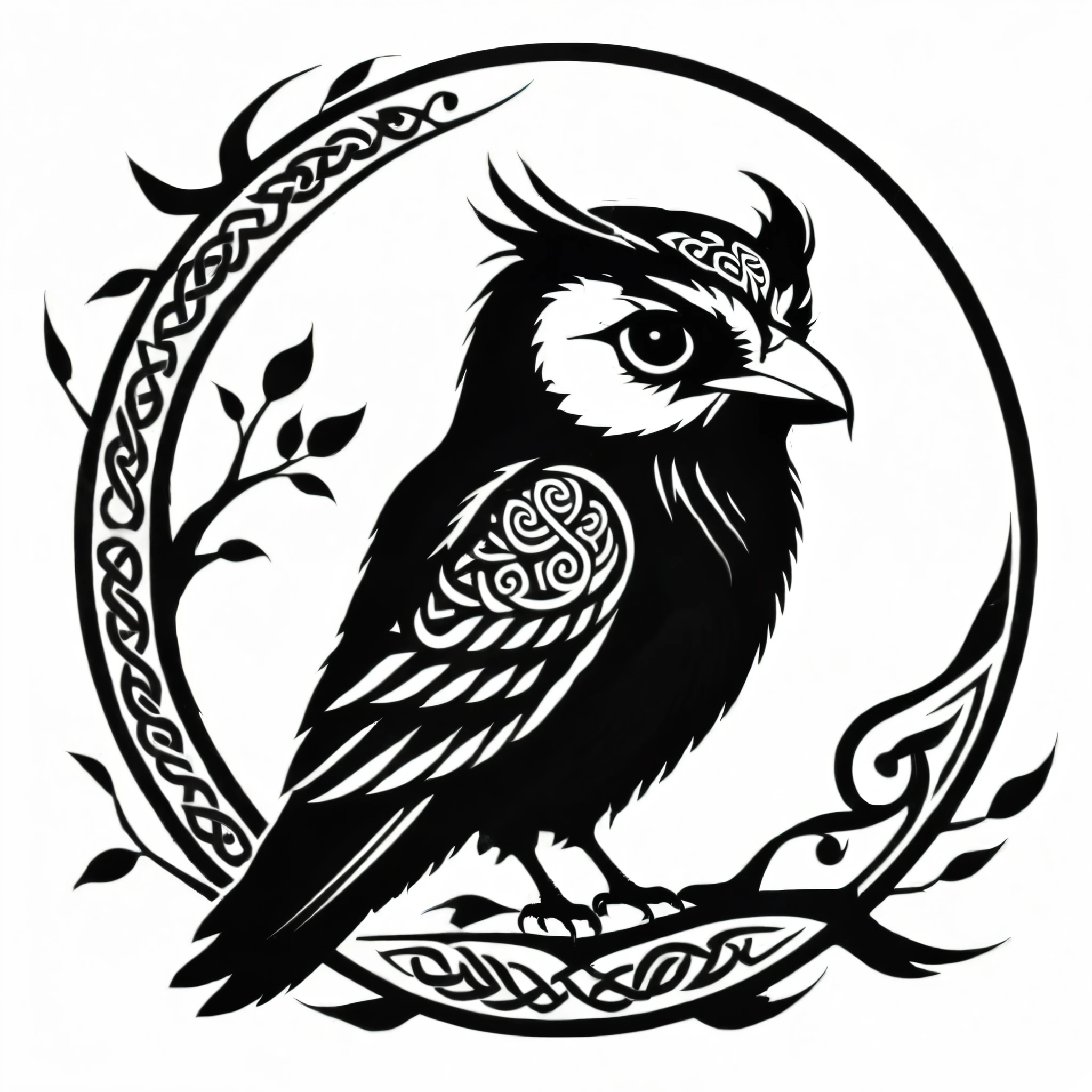 celtic style, tribal style, norse style, raven, owl, black and white, raven