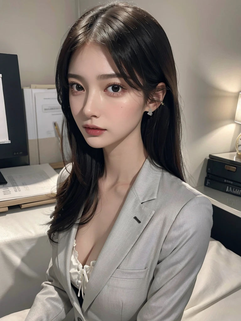 ((8K、Raw photography、top-quality、​masterpiece)、(realisitic)、(top-quality)、(Best Shadows)、(The best illustrations)、Young Solo、Chest、Intelligent beauty、Detailed face、perfectly proportions、Raw feet、Sexy Secretary、s Office、、At work、Sexy Suits、solid、、highest texture、goddes、Clear skin、Fashionable hairstyle、Medium Hair、Cool and cute