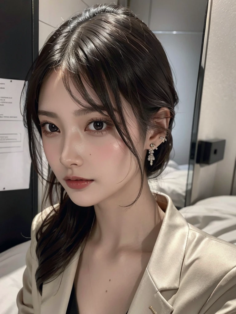 absurdres, RAW photo, extremely delicate and beautiful, masterpiece, Best Quality, ultra high resolution, 32k, hyperrealistic, ultra-detailed, perfect anatomy, super Detailed skin, perfect figure, in her 20s, delicate facial features, tearful mole, earring, medium breasts, full body shot, medium hair, black hair, ((office lady suit)), blazer, wet, bed,
