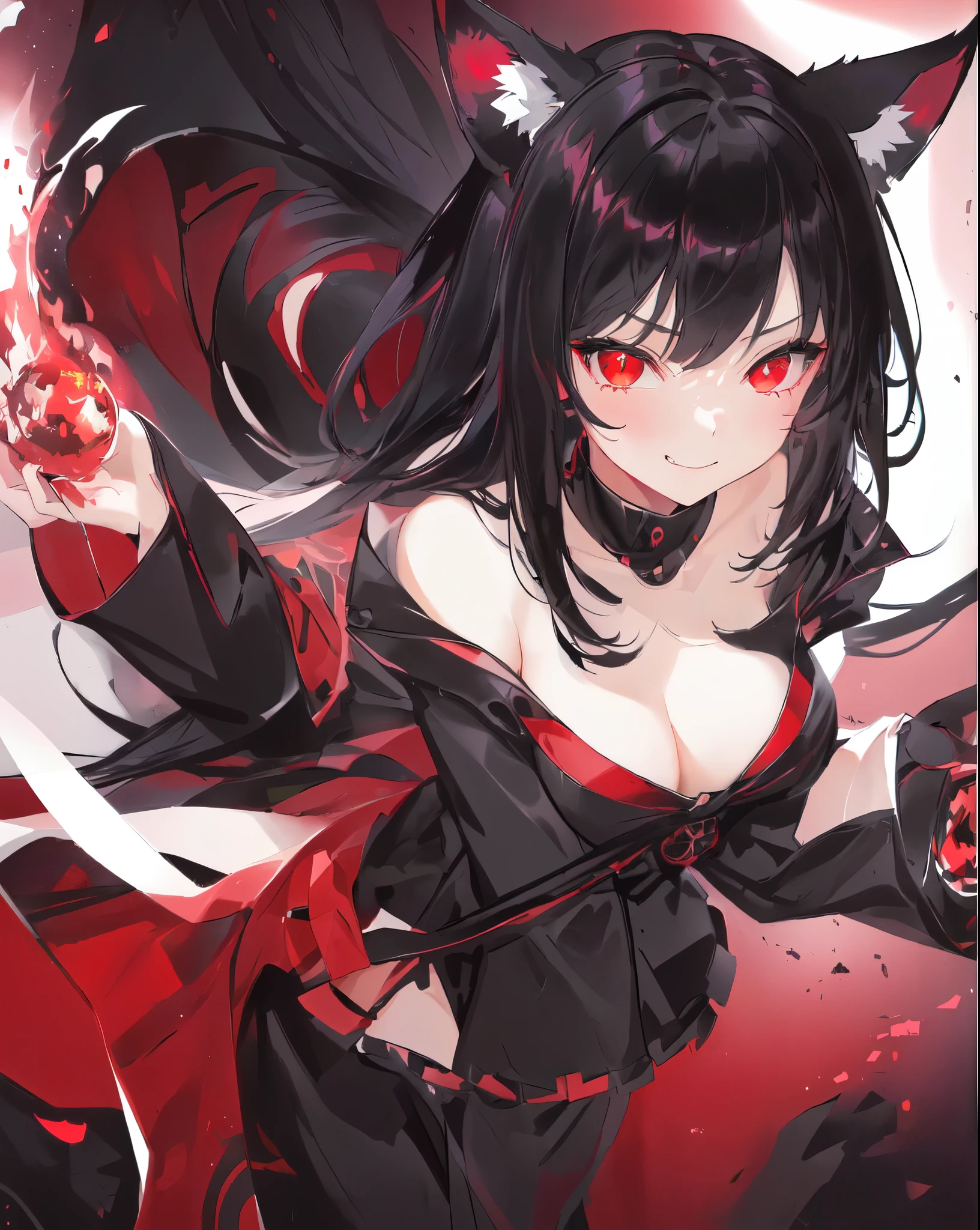 1girl, black hair, neko ears, red eyes, playing with her loose clothes, bare shoulders, blood, light particles, light rays, wallpaper, high contrast, colorful, black cat tail, sexy cat pose with a pow up, scenery, anime, smirk