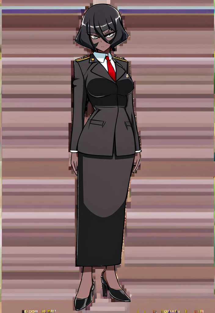 EVIL BLACK SKINNED BUSINESS WOMAN WEARING A BLOUSE WITH A RED SKIRT SUIT 90s ANIME ARTSTYLE WITH DARK
RED HEELS FULL BODY WEARING A SLIGHTLY LONG RED PENCIL SKIRT , MAKE ALL THE RED MATCH
