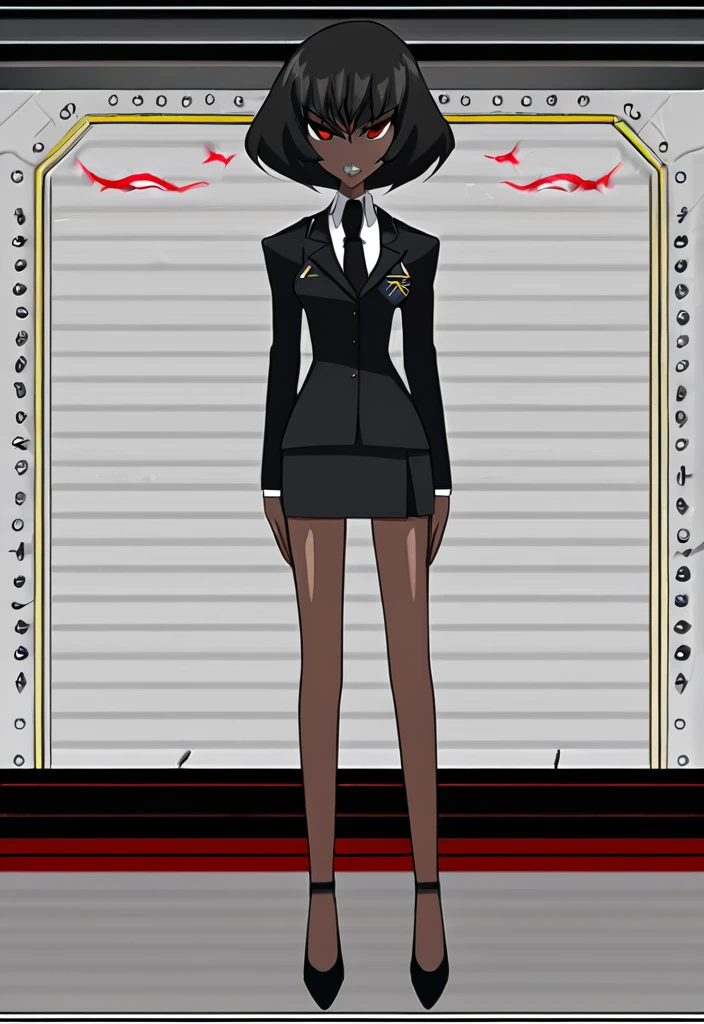 Make a evil military black anime woman in a dark skirt suit full body