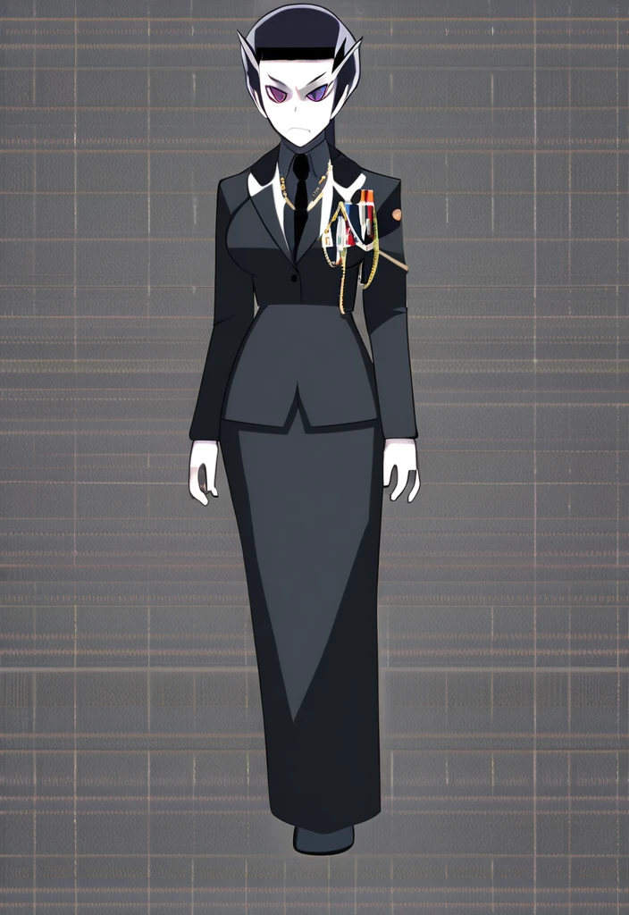 Make a evil military black anime woman in a dark skirt suit  full body 