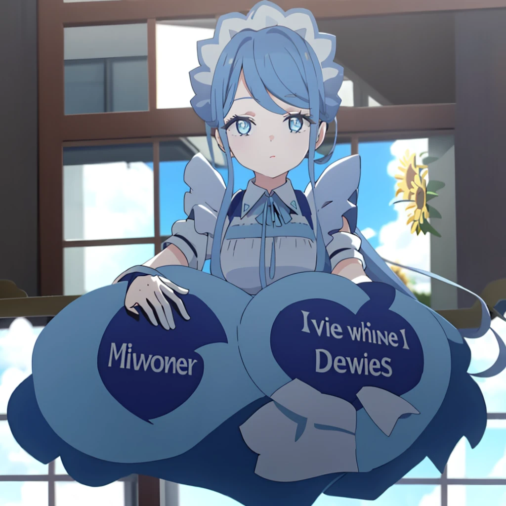 1 girl，sunflower，Upper body，blue medium hair,((White Maid Costume)),blue eyes,((whole body)),whole body,