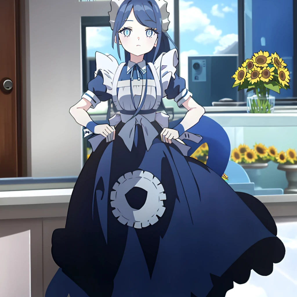 1 girl,sunflower,Upper body,blue medium hair,((White Maid Costume)),blue eyes,((whole body)),whole body,
