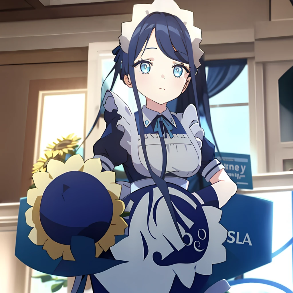 1 girl，sunflower，Upper body，blue medium hair,((White Maid Costume)),blue eyes,((whole body)),whole body,