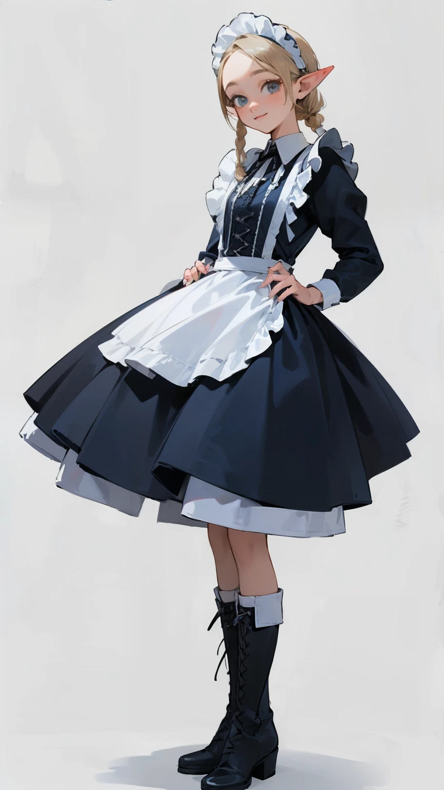 (masterpiece), ((best quality)), (super detailed), (Clean and delicate face), solo, (whole body, standing posture), Single Braided blonde pony tail, parted bangs, forehead, pointed ears, smile, (blue maid costume, white maid headband, lace up boots), simple background