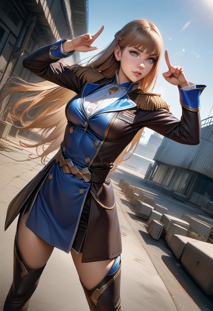 Relena Peacecraft,1 girl,brown long hair,blue eyes,white and blue gorgeous military uniform,epaulettes,perfect hands, perfect finger,perfect ???????, masterpiece, best quality,realistic, hyperrealistic, 16k hdr,medium breasts,military base,outdoor,standing,dynamic pose,dynamic angle,sexy pose for photo,