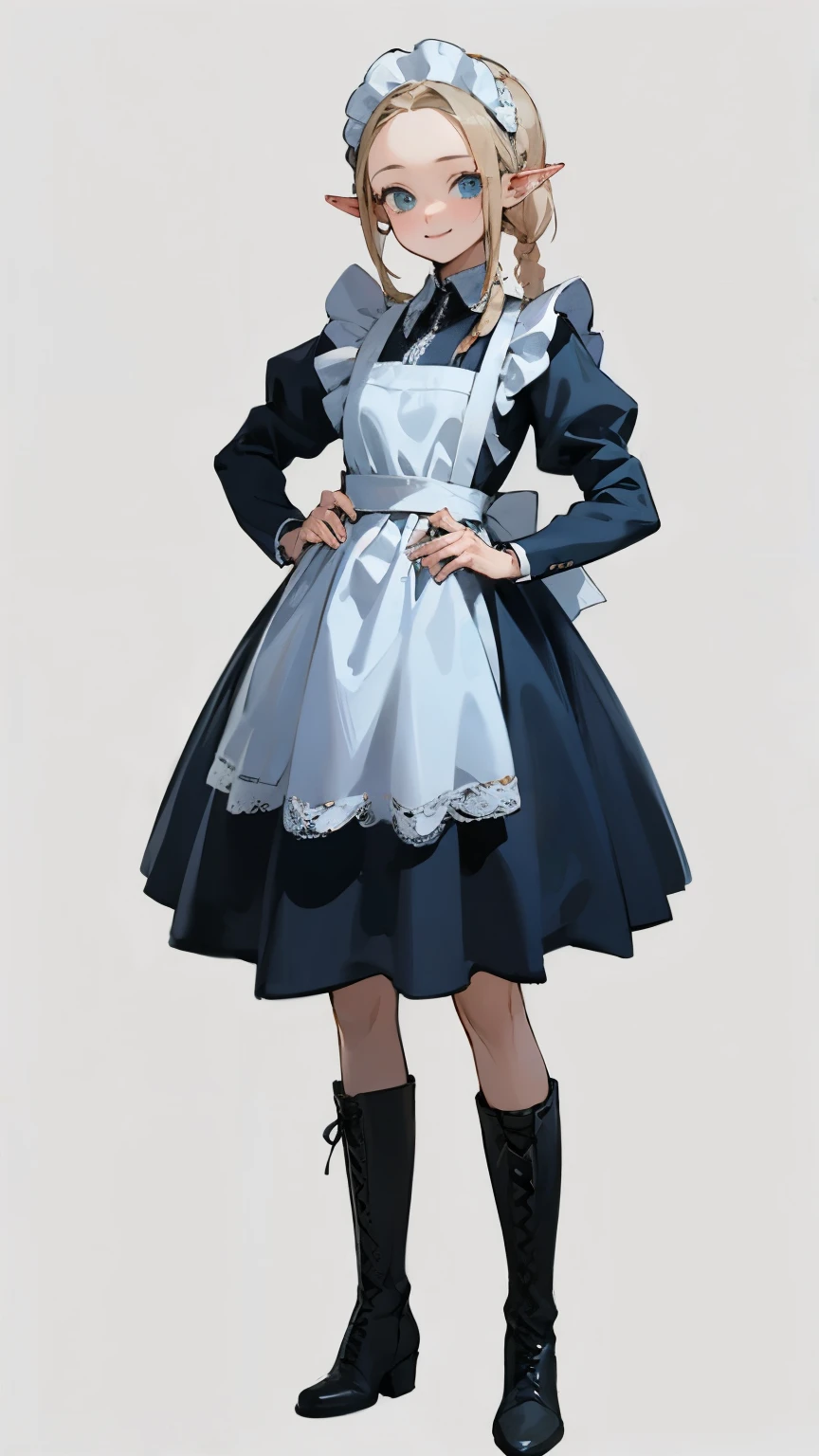 (masterpiece), ((best quality)), (super detailed), (Clean and delicate face), solo, (whole body, standing posture), Single Braided blonde pony tail, parted bangs, forehead, pointed ears, smile, (blue maid costume, white maid headband, lace up boots), simple background