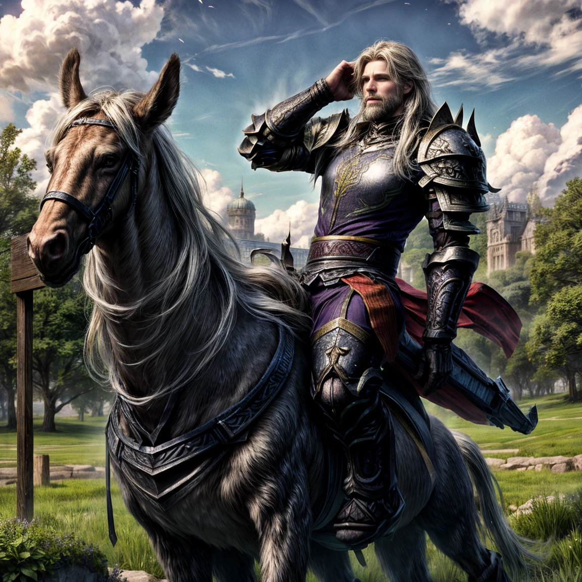 high quality, photorealistic, (best quality,4k,8k,highres,masterpiece:1.2),ultra-detailed,(realistic,photorealistic,photo-realistic:1.37), medieval knight, shining armor, long hair, riding horse, black forest, detailed armor, weapon, medieval castle, epic, moody lighting, dramatic sky