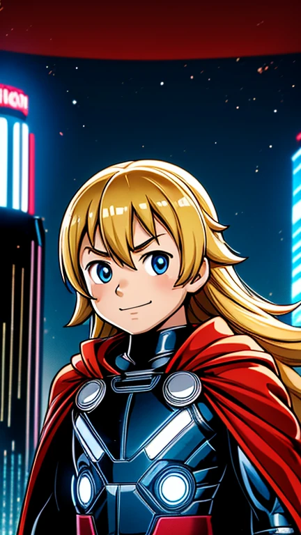 (8k),(masterpiece),(Japanese),(13-year-old boy),((innocent look)),((Childish)),From the front,smile,cute,Innocent,Kind eyes,Flat chest, Thor, Red cape,Long,Hair covered by helmet,Blonde Hair,Strong wind,night,dark, Neon light cyberpunk city, mighty atom