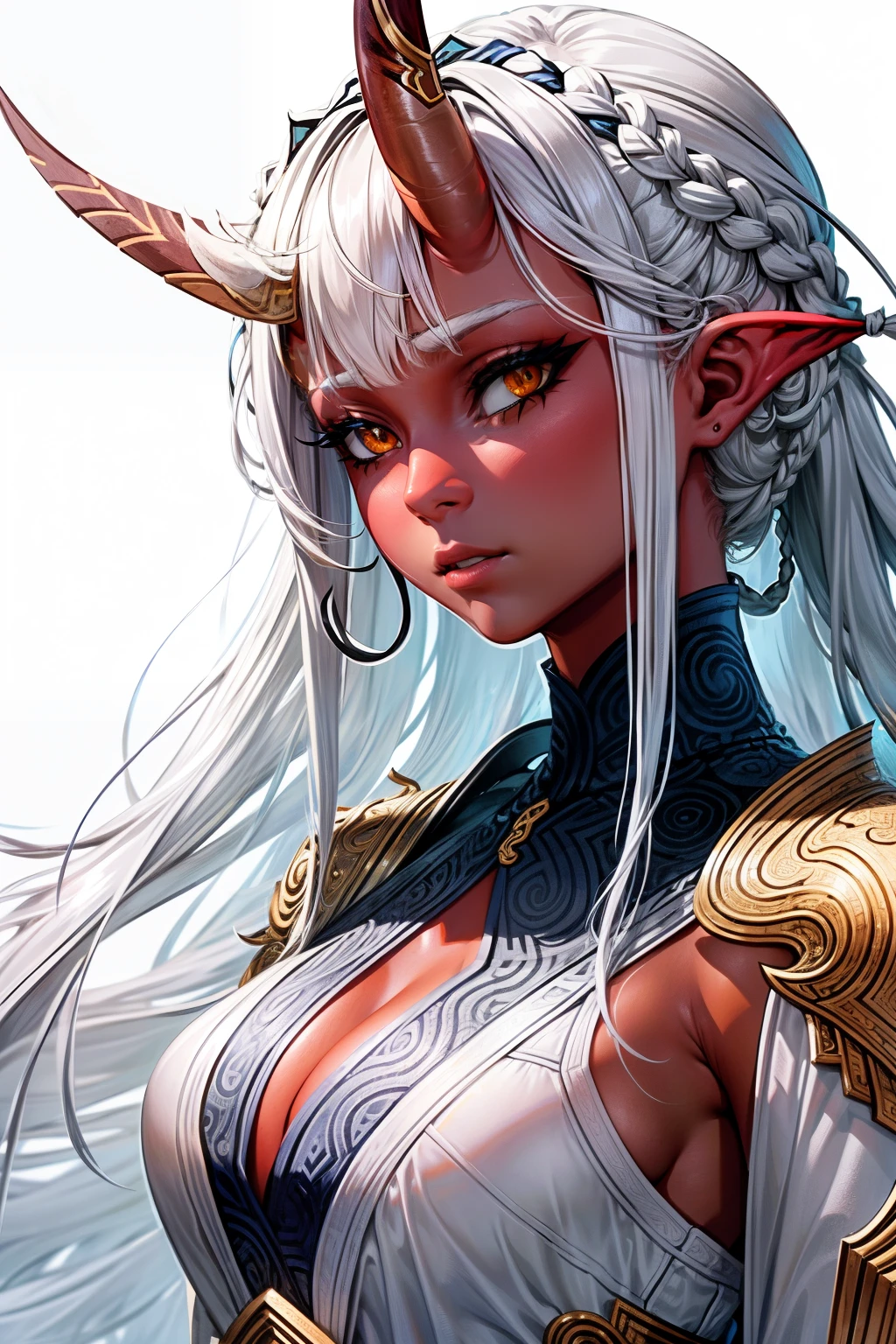 a woman,long braided and detailed hair,Human,White background,Gray toneasterpiece, Best Quality, ultra high resolution, beautiful, viarealmente impresionante, elegant, incredibly detailed, award-winning art, 0n1, silver eyes, Redskin, oni horns, are, colored skin, wears a white tunic