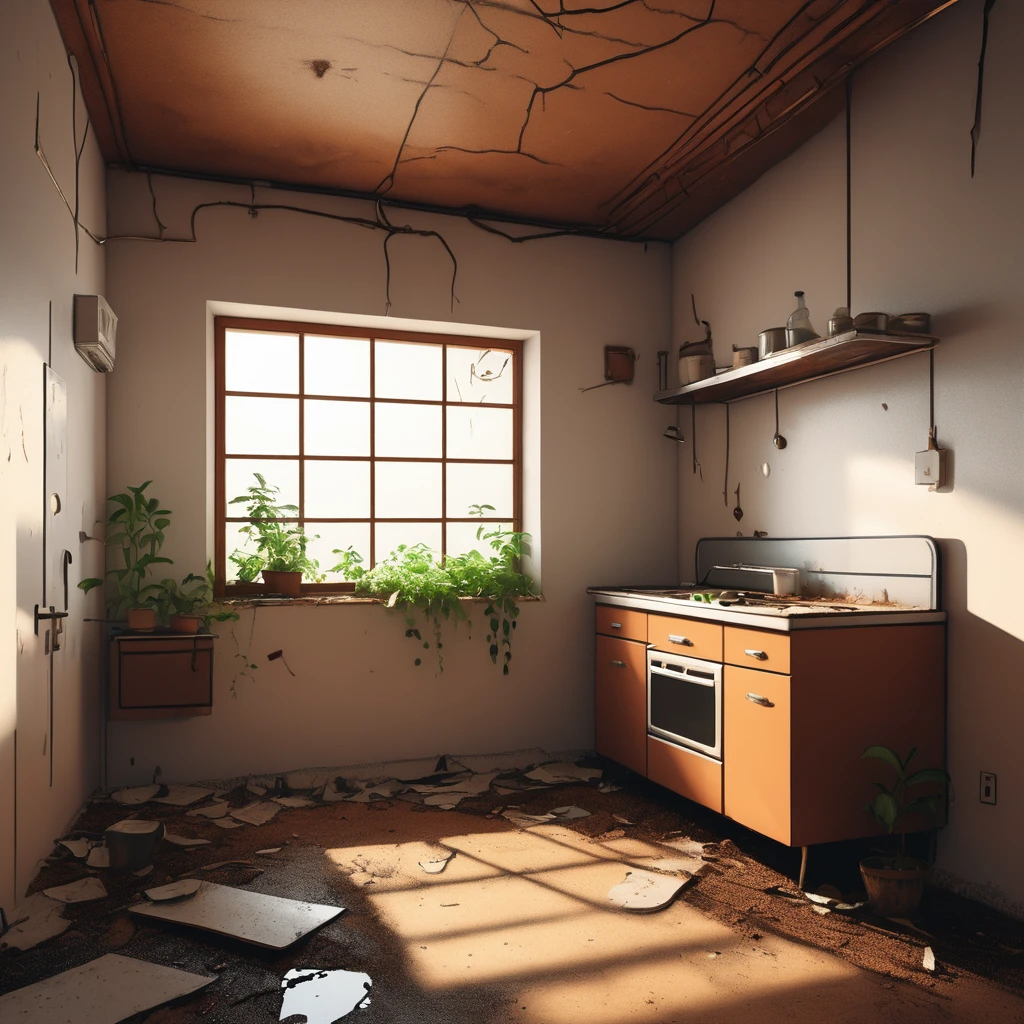 Abandoned kitchen, post-war, No people, puddle of water, infiltration on the wall and ceiling, refrigerator with rusty door between open and stain of infiltration, wooden cabinet with rusty door between open and stain of infiltration, floor with floor with stains of infiltration and missile on the floor next to the refrigerator, plants on the ceiling and wall invading the space.
Soft light coming in through the open wooden window with broken glass.
Intricate details, simple and spontaneous lines, humorous, graphic illustration style, 4k definition with measurements of 3840 x 2160 pixels, front view of the scene. unrealistic, childish
Negatives:
Realism, deformity,
Perspective.