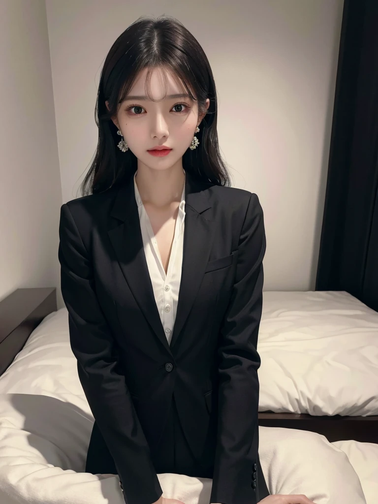 absurdres, RAW photo, extremely delicate and beautiful, masterpiece, Best Quality, ultra high resolution, 32k, hyperrealistic, ultra-detailed, delicate facial features, beautiful detailed woman, tearful mole, earring, medium breasts, ((full body shot)), medium hair, black hair, office lady suit, blazer, 