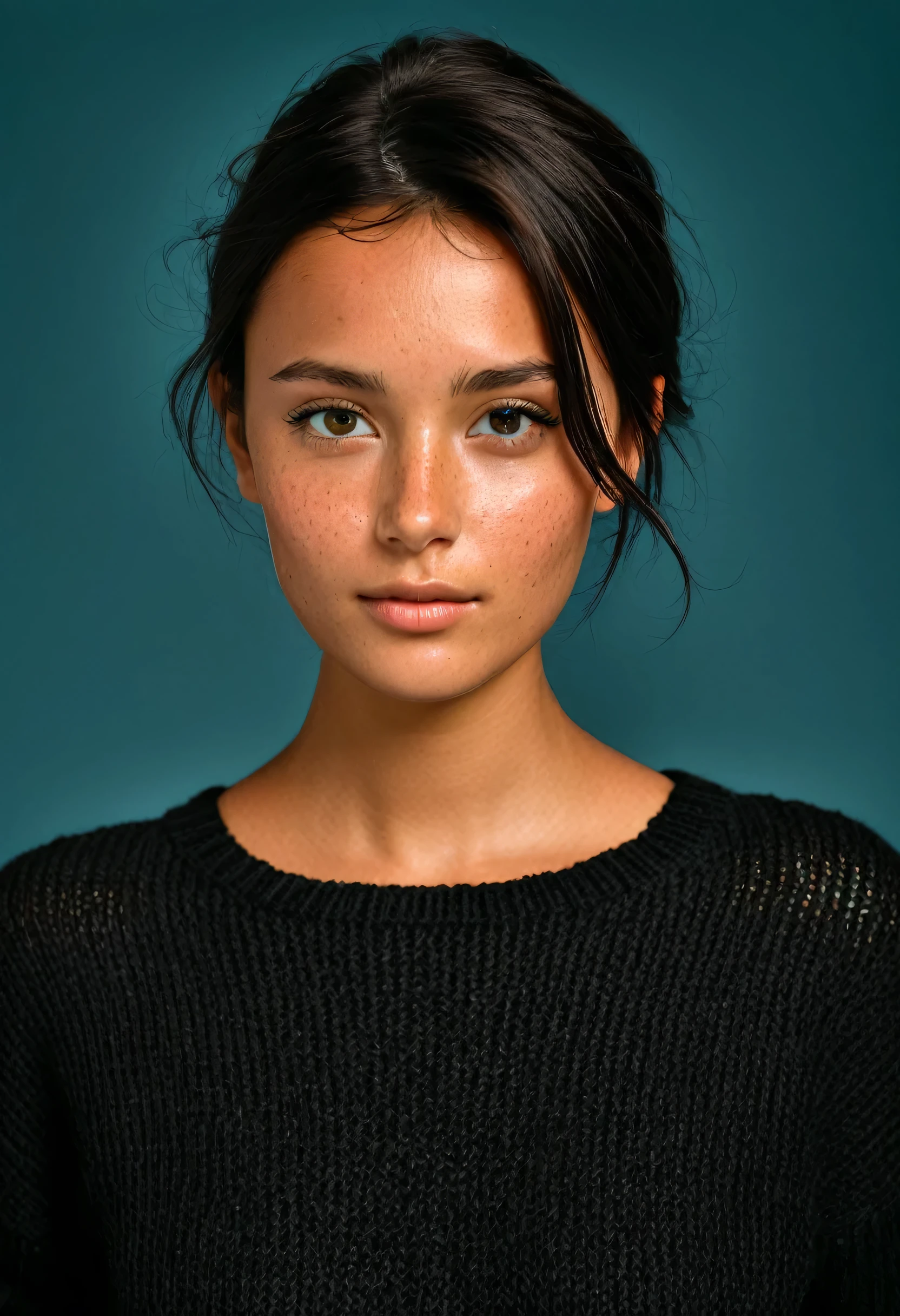 features a young individual with very tanned skin and dark hair cut slightly below the chin. Your eyes are light in color, and they have prominent freckles on their cheeks and nose. The individual is looking directly at the viewer, displaying a neutral to subtly thoughtful expression, with the head slightly tilted. They are wearing what appears to be a dark sweater or blouse.. The background is solid, in warm tones, coral color that contrasts with the subject's dark hair and pale complexion, bringing focus to your face and expression.