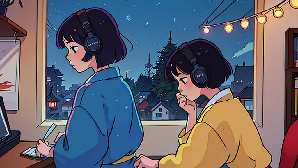 Create a scene of a 25-year-old woman looking out the window, Listening to music on headphones, In a quiet and relaxing environment, Short black hair, View from behind, Gazing at the horizon, At night, and through the window you can see fireflies and a beautiful landscape full of stars At night, Characters with lots of detail on their faces, hands and hair,Illustration Style、Showa anime、ukiyo-e、((girl))、Tokyo、Soft Touch、((Modern))、winter、High resolution, samba, latina,Rainy night,Tokyo, 8k quality, gitl che studia