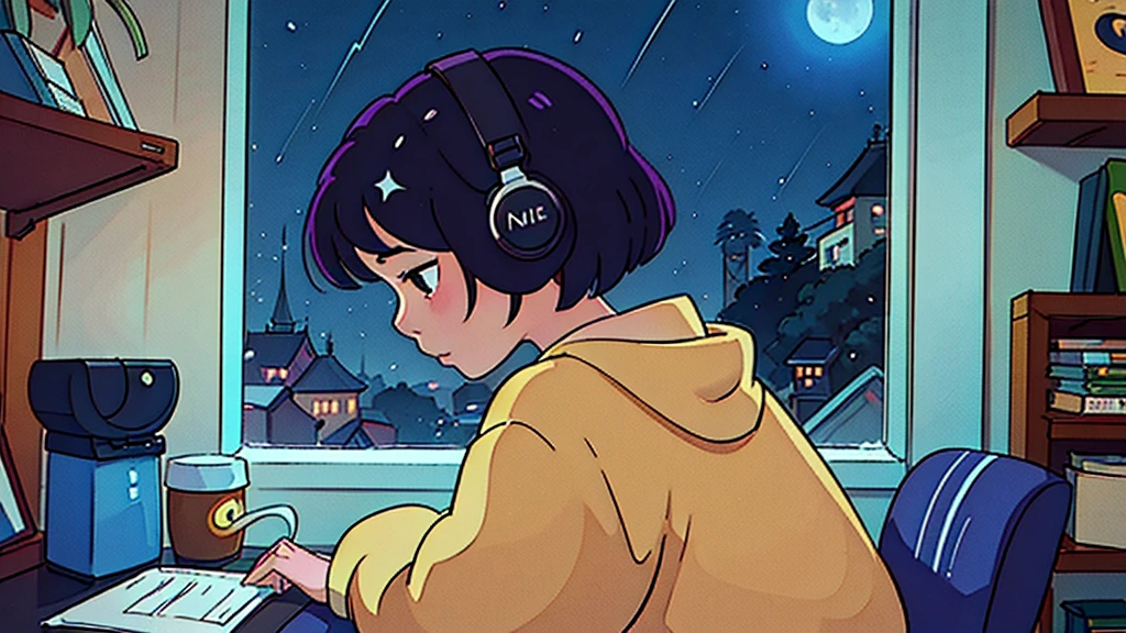 Create a scene of a 25-year-old woman looking out the window, Listening to music on headphones, In a quiet and relaxing environment, Short black hair, View from behind, Gazing at the horizon, At night, and through the window you can see fireflies and a beautiful landscape full of stars At night, Characters with lots of detail on their faces, hands and hair,Illustration Style、Showa anime、ukiyo-e、((girl))、Tokyo、Soft Touch、((Modern))、winter、High resolution, samba, latina,Rainy night,Tokyo, 8k quality, gitl che studia