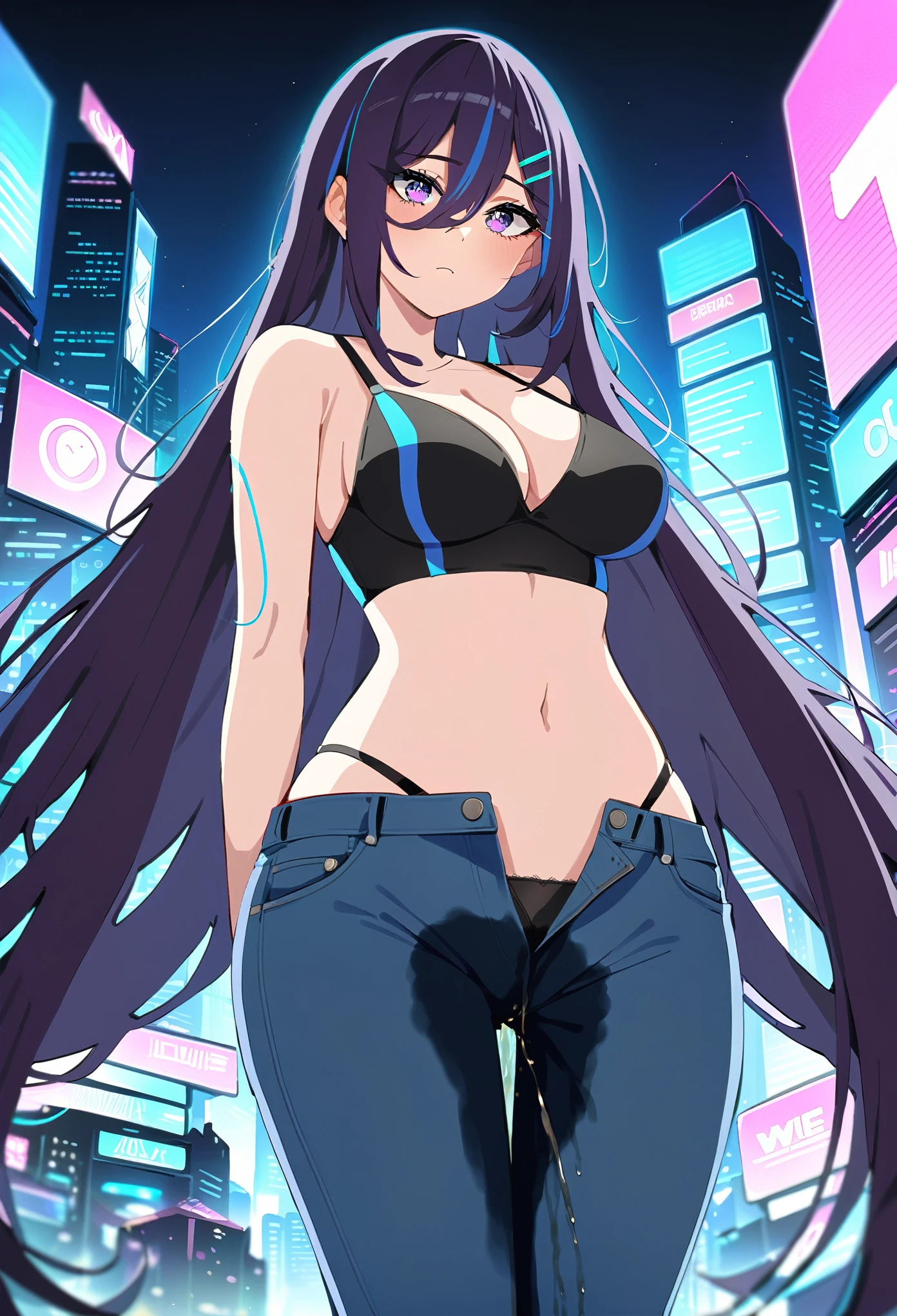 (masterpiece:1.37), best quality, (extremely detailed:1.37), woman, mature, adult, (very long hair:1.5), dark purple hair, purple eyes, (extremely detailed eyes:1.37), crop top, cleavage, navel, jeans, open fly, desperation, (wetting: self 3.0), standing, city, futuristic, neon lighting, high-tech, street