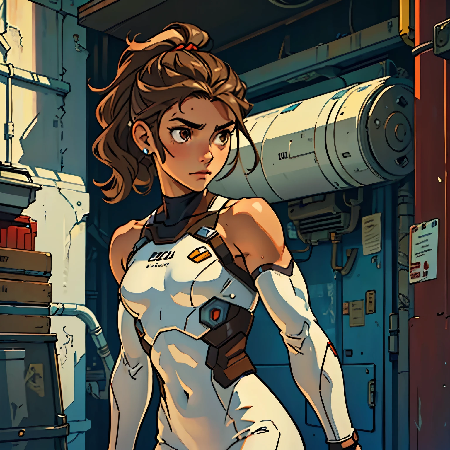(Caucasian teenager), 18 years old, brown eyes, (wavy brown hair), (hair tied back), medium hair, small medium breasts. She wears a white sci-fi suit, (bare shoulders), solo, in exterior of old shelter