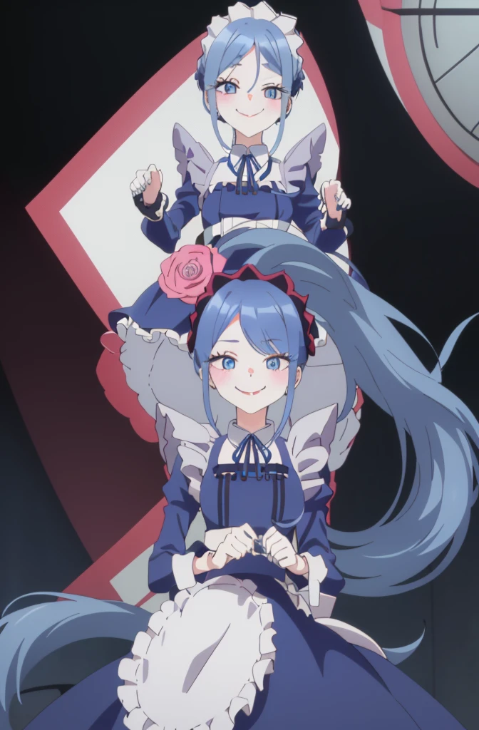 1girl, cowboy shot,
maid, thighhighs,, masterpiece, best quality, highly detailed,((blue hair)),((frilled mini skirt)),white maid clothes,((evil smile)),((blue hair)),