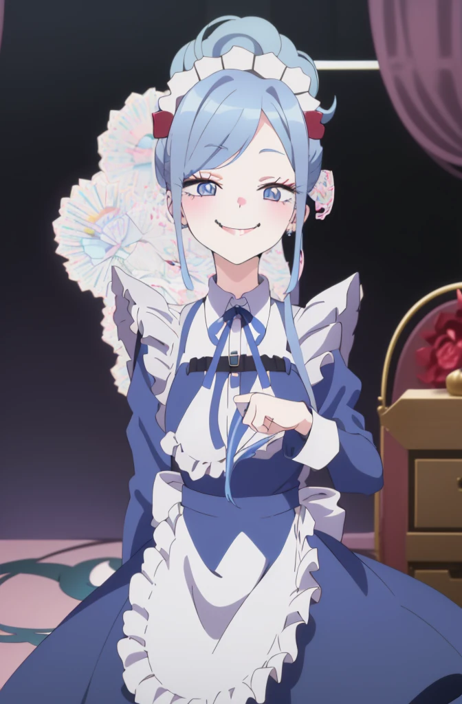 1girl, cowboy shot, 
 maid,  thighhighs,, masterpiece, best quality, highly detailed,((blue hair)),((frilled mini skirt)),white maid clothes,((evil smile)),((blue hair)),