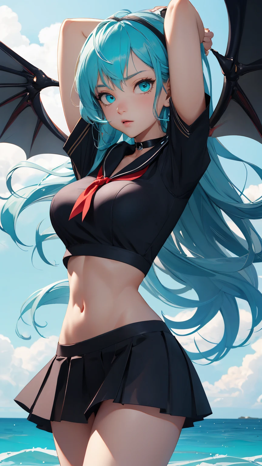 TheSpirit, floating hair ,((blue skin)),green eyes,navel, solo, beach, close up, blush,black skirt, SpiScho,very Long hair, fingernails, black stockings,fat black thighhighs, (insanely detailed, beautiful detailed face, masterpiece, best quality), spread legs, grab belly, ((black crop top)),wide hip, fat belly