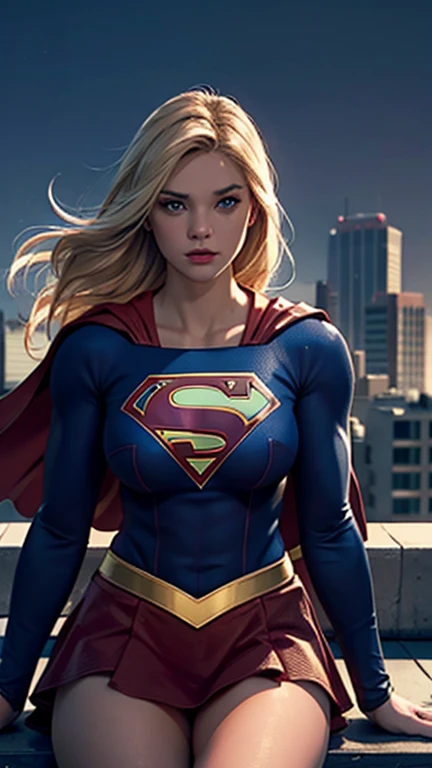 supergirl, sitting on a rooftop building, lost in deep thought, looking at the city, perfect eye, beautiful highly detailed eyes, beautiful blue eyes, both eyes are similar, beautiful detailed lips, extremely detailed face, detailed Supergirl tight suit, tight figure, blonde hair, big round breasts, D cup Breasts, tight bust, dynamic pose, cinematic lighting, epic cityscape, moody atmosphere, dramatic shadows, vibrant colors, photorealistic, 8k, best quality, hyper detailed, masterpiece