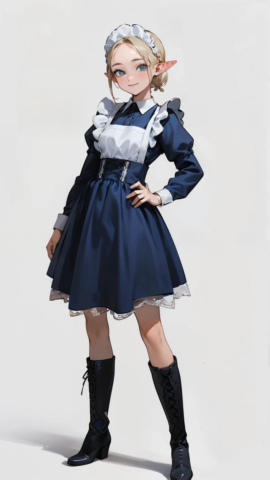 (masterpiece), ((best quality)), (super detailed), (Clean and delicate face), solo, (whole body, standing posture), Single Braided blonde pony tail, parted bangs, forehead, pointed ears, smile, (blue maid costume, white maid headband, lace up boots), simple background