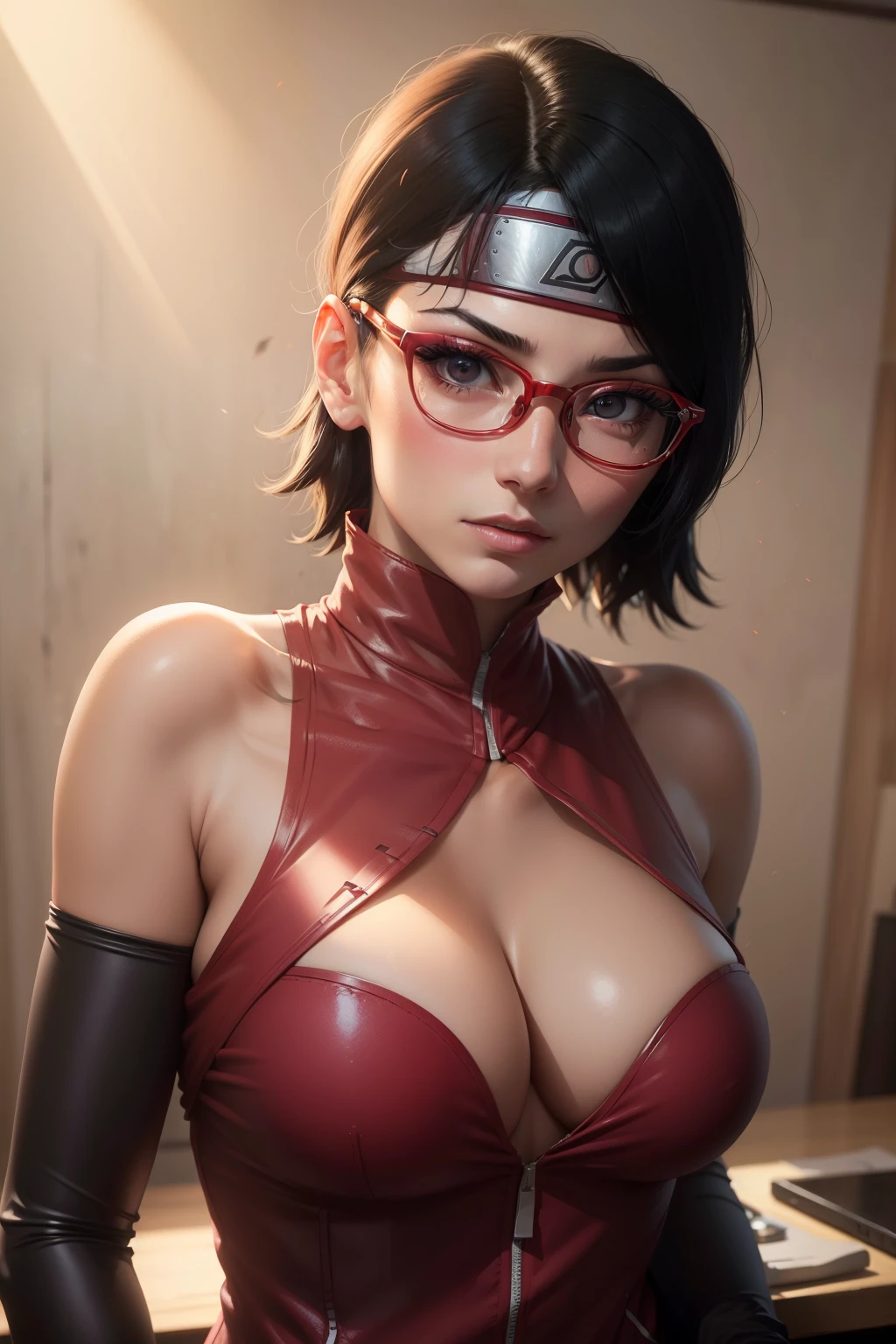 (highres,masterpiece:1.2),ultra-detailed,realistic,professional,beautiful detailed eyes,beautiful detailed lips,dark hair,short black hair,red glasses,Very big breasts,stunning black eyes,clear skin,18-year-old girl,fashionable short hairstyle,vibrant red glasses,Shinobi Academy,fierce determination,confident posture,crimson outfit,intense gaze,background filled with ninjutsu techniques,shadows cleverly accentuating her features,subtle studio lighting,sublime realism,striking color tones