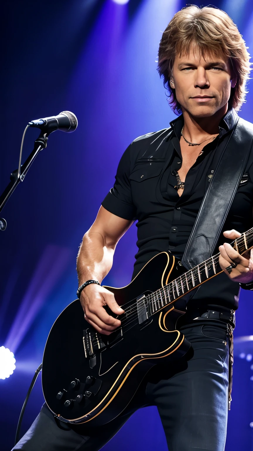 CRIAR JON BON JOVI GUITARRIST,ON STAGE PLAYING ELETRIC GUITAR,8K, REALISTA,UHD, FULL BODY ON SATEGE