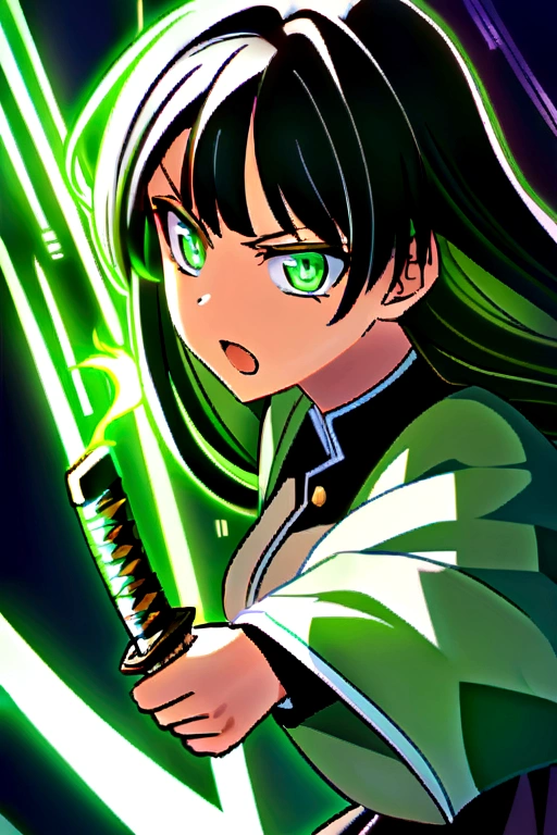 score_9, score_8_up, score_7_up, score_6_up, score_5_up, score_4_up, source_anime, solo,close up,slashing,fighting stance,black hair, long hair,green eyes,white pupils, medium breasts,(black with plant design haori),green coat, demon slayer uniform, black jacket, black skirt,(green flaming katana with veins design, green fire,holding katana, flames),two-tone hair,green hair ribbon,frown, open mouth, open mouth, dark background, night,asa no ha \(pattern\), (from side:0.8)