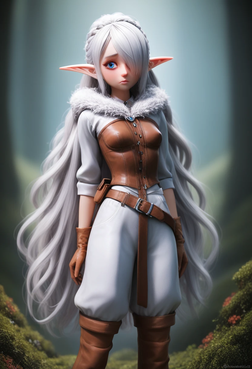 ((Best Quality)), (Masterpiece)), (Details: 1.4), Absurd Resolution, High Resolution, (Masterpiece: 1.4), Ultra Detailed, detailed gnome girl with pale skin, short stature, very long waist length silver hair that curls at the ends, covering one eye, with small breasts, pouty lips, and bright blue anime-style eyes with long lashes, wearing a corset, white puffy long sleeved shirt, and puffy cloth pants, leather bound boots, set in a windy fantasy landscape, (best quality,4k,8k,highres,masterpiece:1.2),ultra-detailed, dungeons and dragons, long elf ears, small girl, detailed skin and cloth textures, cute detailed face, intricate details, extremely detailed, 1girl, dynamic pose with hair covering one eye, shy personality, puffy cloth pants with leather belt, detailed privateer outfit, detailed buccaneer outfit, pouch on belt, wearing ornate leather armor with fur trim, silver inlay detail, wearing fur trimmed boots, wearing fur trimmed gloves, short, short height, halfing girl, small girl, very long detailed flowing hair