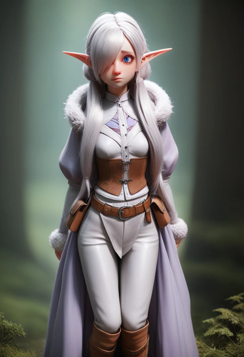 ((Best Quality)), (Masterpiece)), (Details: 1.4), Absurd Resolution, High Resolution, (Masterpiece: 1.4), Ultra Detailed, detailed gnome girl with pale skin, short stature, very long waist length silver hair that curls at the ends, covering one eye, with small breasts, pouty lips, and bright blue anime-style eyes with long lashes, wearing a corset, white puffy long sleeved shirt, and puffy cloth pants, leather bound boots, set in a windy fantasy landscape, (best quality,4k,8k,highres,masterpiece:1.2),ultra-detailed, dungeons and dragons, long elf ears, small girl, detailed skin and cloth textures, cute detailed face, intricate details, extremely detailed, 1girl, dynamic pose with hair covering one eye, shy personality, puffy cloth pants with leather belt, detailed privateer outfit, detailed buccaneer outfit, pouch on belt, wearing ornate leather armor with fur trim, silver inlay detail, wearing fur trimmed boots, wearing fur trimmed gloves, short, short height, halfing girl, small girl, very long detailed flowing hair