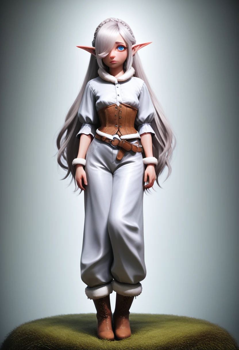 ((Best Quality)), (Masterpiece)), (Details: 1.4), Absurd Resolution, High Resolution, (Masterpiece: 1.4), Ultra Detailed, detailed gnome girl with pale skin, short stature, very long waist length silver hair that curls at the ends, covering one eye, with small breasts, pouty lips, and bright blue anime-style eyes with long lashes, wearing a corset, white puffy long sleeved shirt, and puffy cloth pants, leather bound boots, set in a windy fantasy landscape, (best quality,4k,8k,highres,masterpiece:1.2),ultra-detailed, dungeons and dragons, long elf ears, small girl, detailed skin and cloth textures, cute detailed face, intricate details, extremely detailed, 1girl, dynamic pose with hair covering one eye, shy personality, puffy cloth pants with leather belt, detailed privateer outfit, detailed buccaneer outfit, pouch on belt, wearing ornate leather armor with fur trim, silver inlay detail, wearing fur trimmed boots, wearing fur trimmed gloves, short, short height, halfing girl, small girl, very long detailed flowing hair