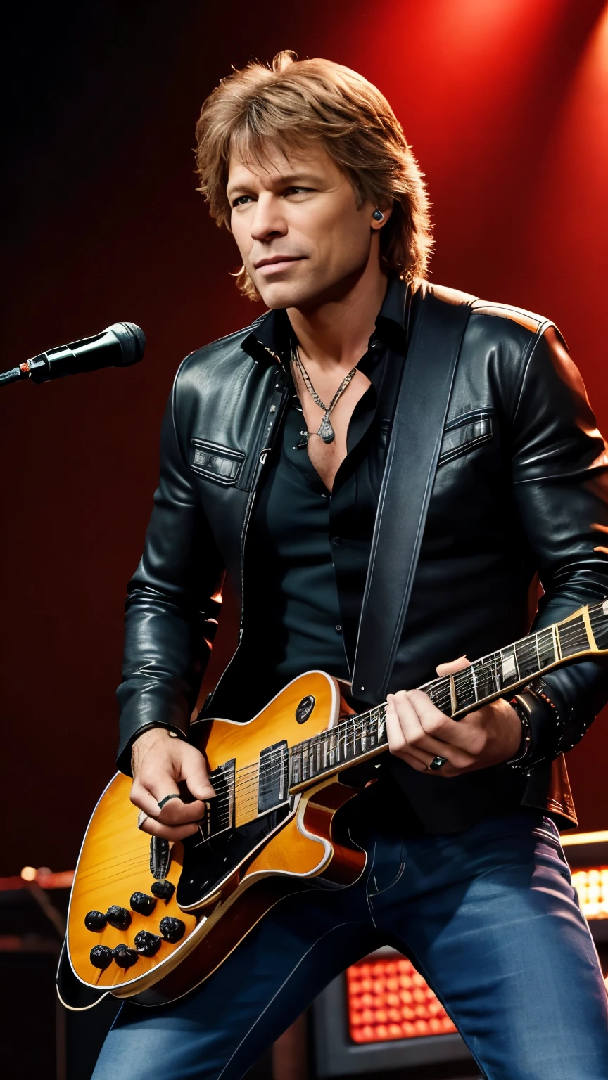 CRIAR JON BON JOVI GUITARRIST,ON STAGE PLAYING ELETRIC GUITAR,8K, REALISTA,UHD, FULL BODY ON SATEGE