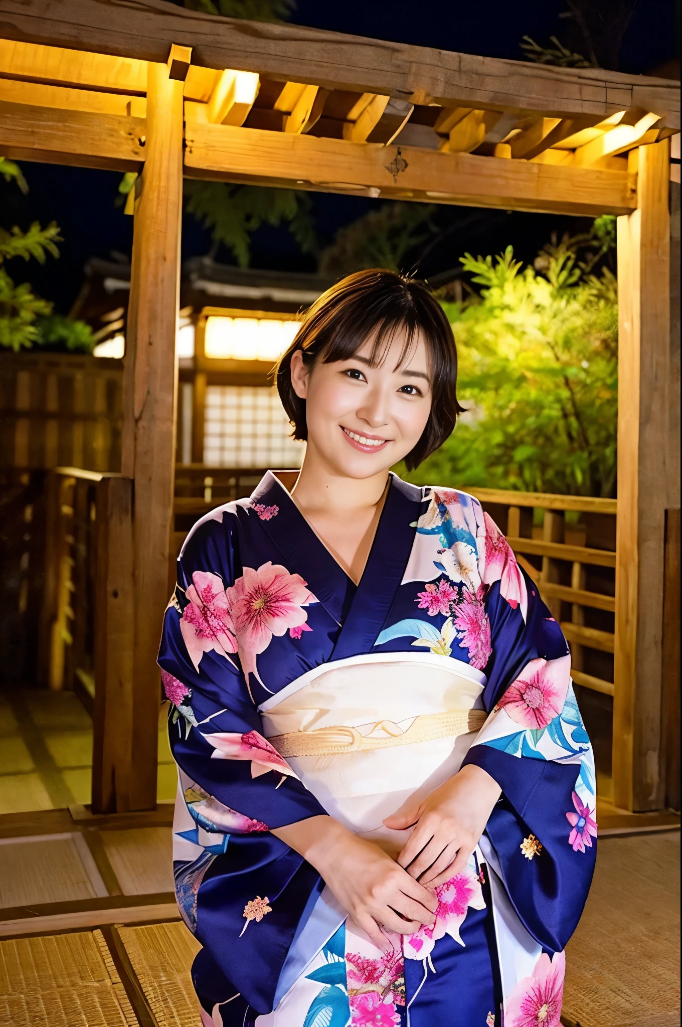 Mature attractive woman, japanese summer kimono, japanese shrine at night, starry sky, chubby, big tits, smile, masterpiece, best quality