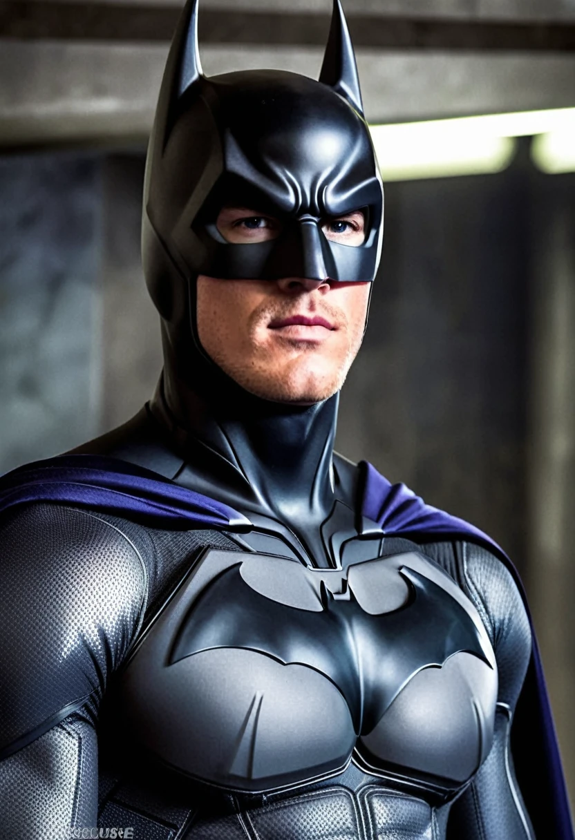 (((Extremely close-up Alan Ritchson under the mantle of Bruce Wayne aka Batman Suit Batman DC universe front images images color Splash)))