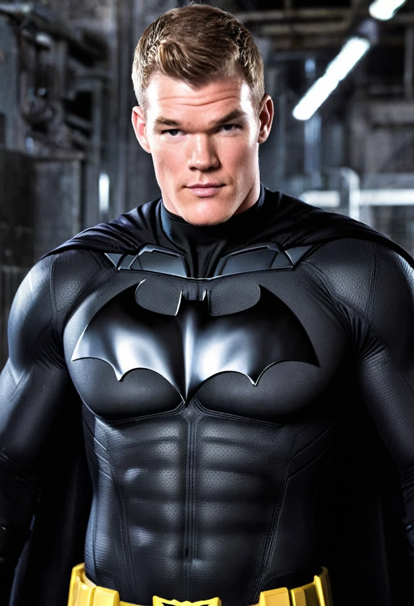 (((Extremely close-up Alan Ritchson under the mantle of Bruce Wayne aka Batman Suit Batman DC universe front images images color Splash)))