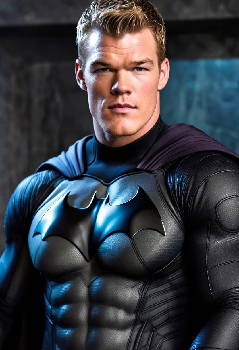 (((Extremely close-up Alan Ritchson under the mantle of Bruce Wayne aka Batman Suit Batman DC universe front images images color Splash)))