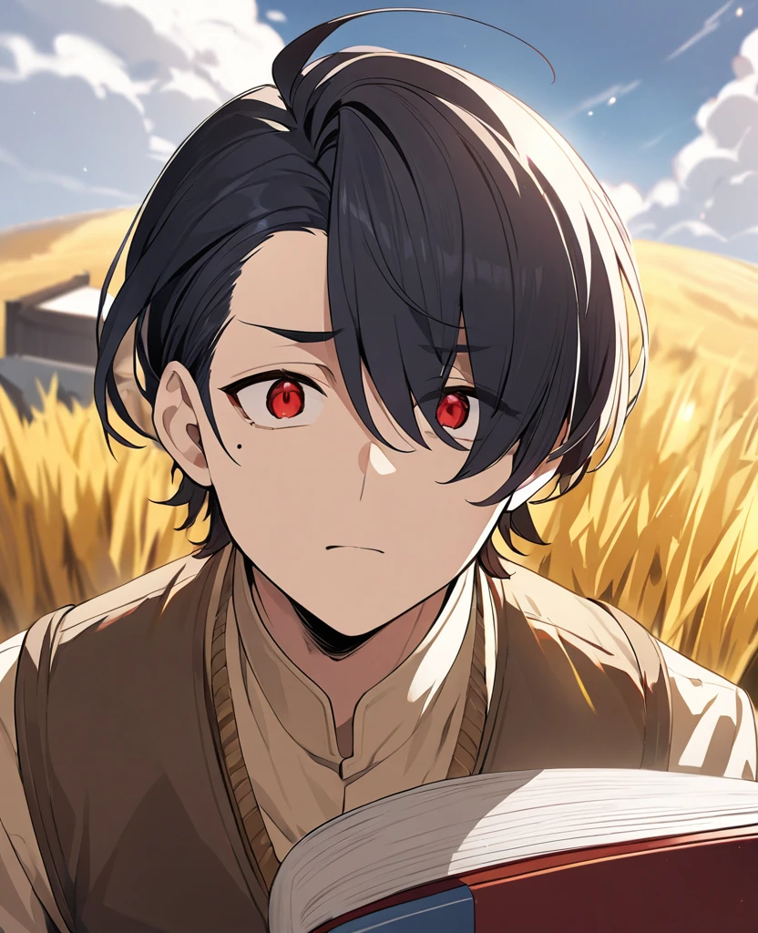 One Man、Black Hair、Hairstyle、Shortcuts、Red eyes、Droopy eyes、whole body、Ocher vest、Please hold the book in your right hand.、cloudy, Hair behind the ear, Asymmetrical bangs、 short hair, Red eyes, First Person View, Ultra-high resolution, Very detailed, Mole under the eye